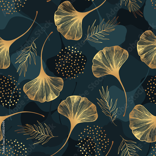 Seamless pattern of golden gingko leaf. An endless pattern of green leaves. For wrapping paper. Ideal for wallpaper, surface textures, textiles.