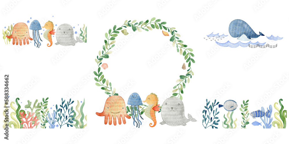Fototapeta premium Baby shower card. 3 Watercolor frames with sea animals.