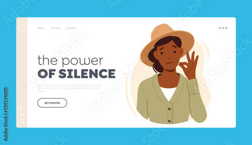 Power of Silence Landing Page Template. Woman Showing Gesture Of Silence With An Fingers Placed In Front Of Her Lips
