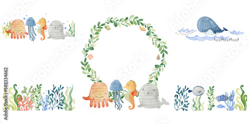 Photography Baby shower card. 3 Watercolor frames with sea animals.