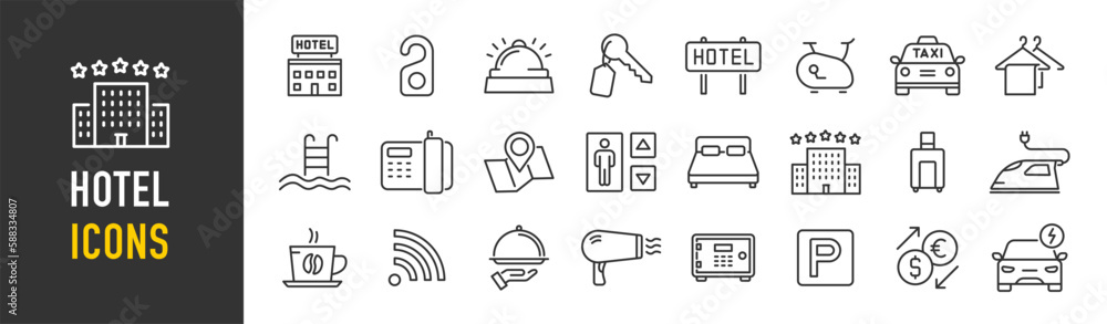 Hotel and apartament web icons in line style. Rental, reservation, hotel booking, room, parking, travel, service, airport, collection. Vector illustration. Hotel and apartament web icons in line style. Rental, reservation, hotel booking, room, parking, travel, service, airport, collection. Vector illustration.