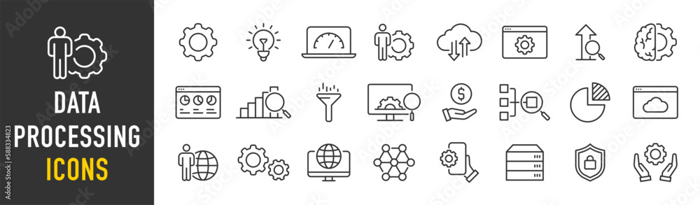 Data Processing web icons in line style. Analytics, gear, network ...