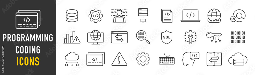 Programming and coding web icons in line style. Information technology, developer, idea, advertising, app, archive, collection. Vector illustration. Programming and coding web icons in line style. Information technology, developer, idea, advertising, app, archive, collection. Vector illustration.