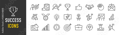 Success web icons in line style. Handshake, growth profit, innovation, increase sale, coaching, progress, strategy, achievment, collection. Vector illustration.
