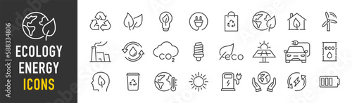 Ecology and Energy web icons in line style. Nature green, electric car, organic, renewable energy, green technology, environmental energy collection. Vector illustration.