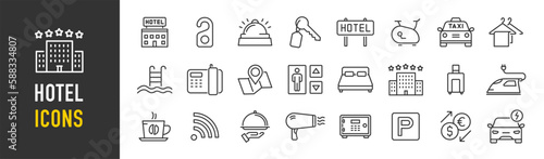 Hotel and apartament web icons in line style. Rental, reservation, hotel booking, room, parking, travel, service, airport, collection. Vector illustration.