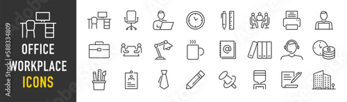 Office and Workplace web icons in line style. Employe, conference, project, document, business, work, support, contact us, productivity strategy, collection. Vector illustration.