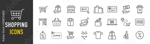 Shopping web icons in line style. Online shop, digital marketing, delivery, coupon, discount, bank card, gift, shop collection. Vector illustration.