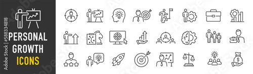 Personal growth web icons in line style. Growth profit, career progress, business people, strategy, coaching, tutorship, collection. Vector illustration.