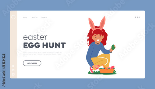 Easter Egg Hunt Landing Page Template. Girl With Rabbit Ears Happily Picking Colorful Easter Eggs From The Grass