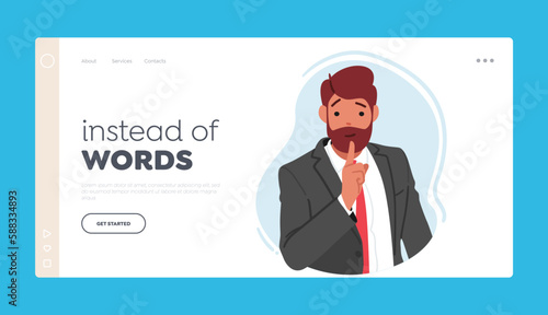 Confidentiality Landing Page Template. Man Making Silence Gesture, Indicating The Need For Quietness Vector Illustration