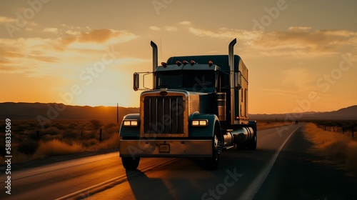 Heavy duty classic stylish big rig semi truck tractor with lot of chrome accessories transporting cargo driving on the road 