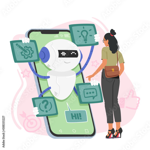 Woman Character Utilizing Chatbot Service On Her Phone Interacts With The Chat Bot To Resolve Querie Vector Illustration photo