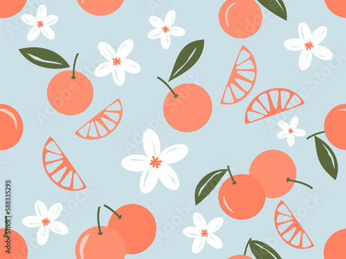Seamless pattern with orange fruit and little flowers on blue background vector illustration. Cute fruit print.