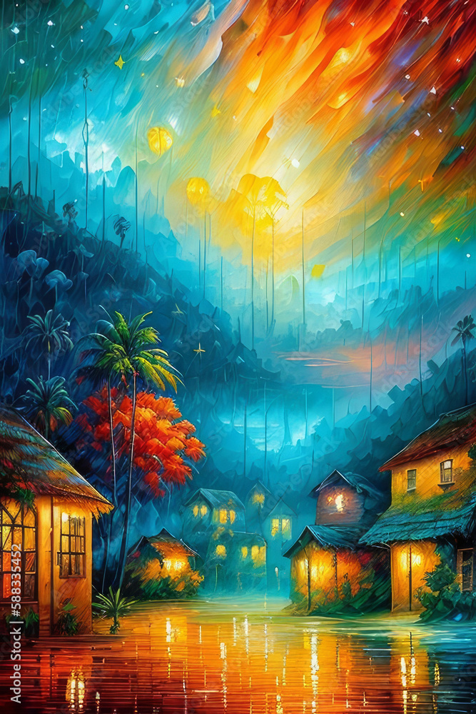 Tropical Village, palms, colofful landscape, generative ai art illustration 13