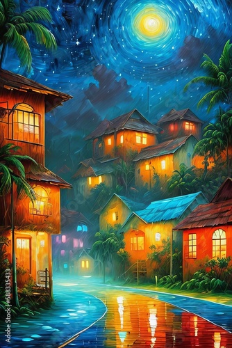 Tropical Village, palms, colofful landscape, generative ai art illustration 17 photo