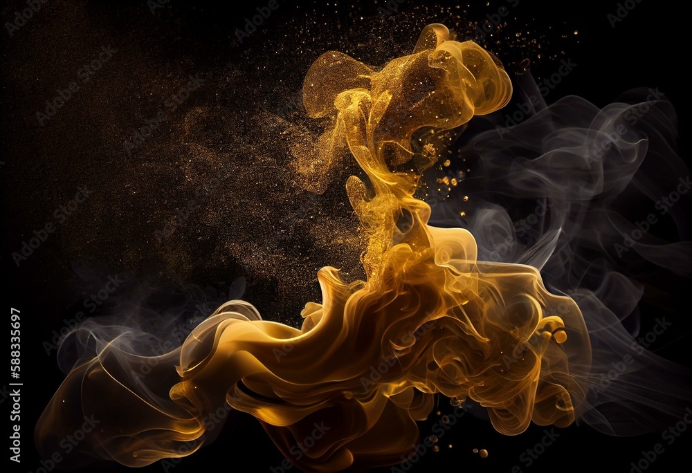 Golden smoke, shining golden fluid particles, liquid glitter light pour