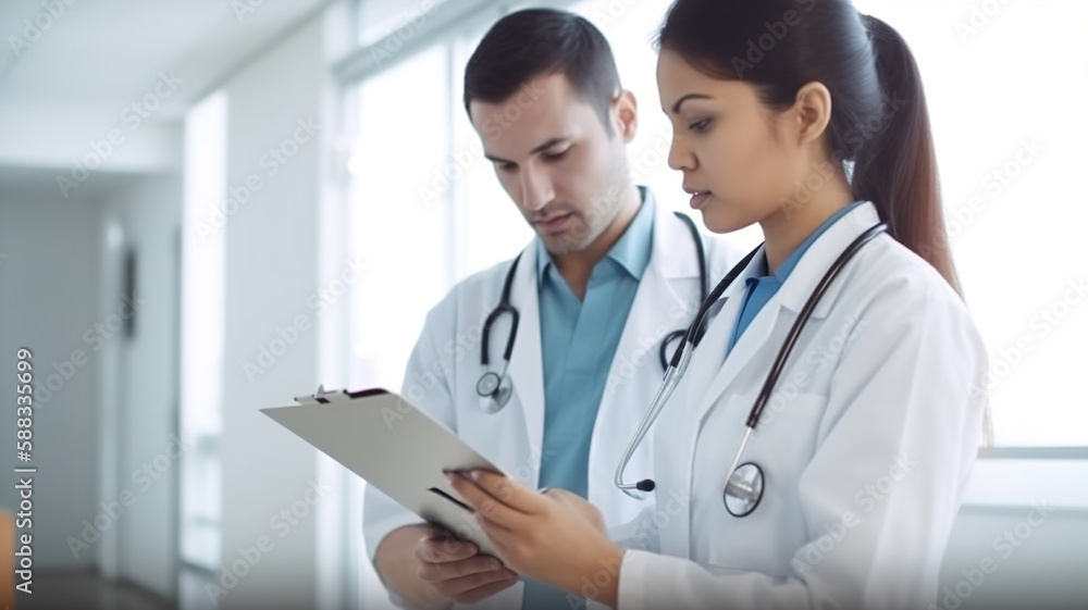 Medical workers are having a discussion in a hospital. Healthcare communication Medical workers are having a discussion in a hospital. Healthcare communication