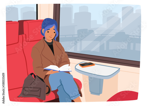 Young Woman, Engrossed In A Book, Sitting In A Train Carriage With Cityscape Background Blurs Into Motion, Illustration