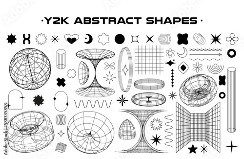 Abstract y2k geometric shapes and wireframe model isolated on white background. Set of Black and white retro line aesthetic design elements. Vector illustration on transparent background.