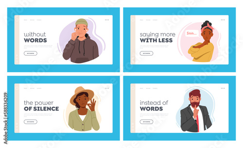 Characters Expressing Silence Landing Page Template Set. People Using Hand Gestures, Such As Placing Finger On Lips