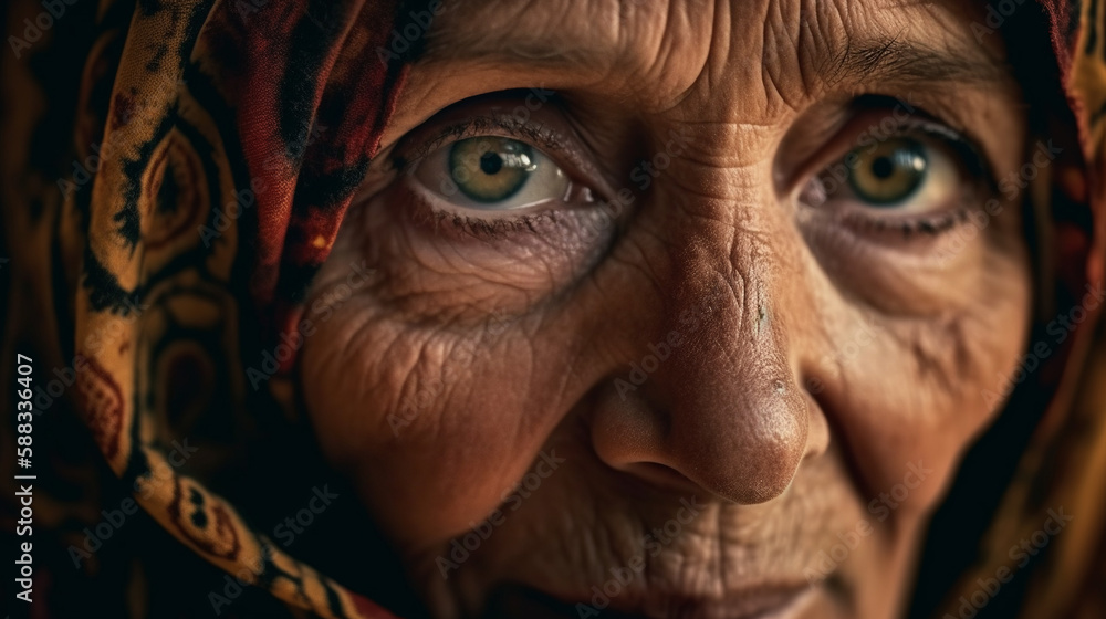 Сlose up zoom image of old Arabian woman. Generative AI