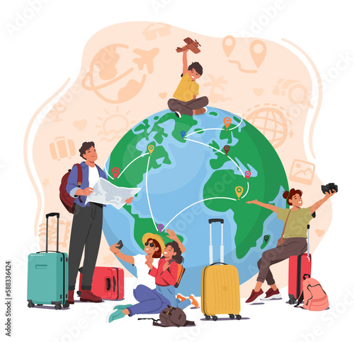 Group Of Travelers Is Depicted Around An Earth Globe With Various Travel Items. Image Promoting Travel Agencies