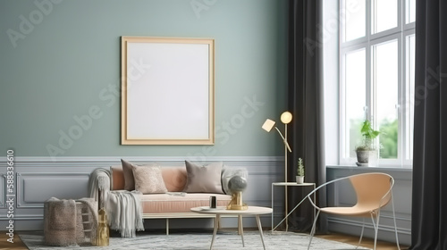 Mockup frame in Scandinavian living room interior  3d render. Generative Ai