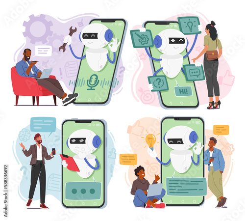 Set of Characters Use Chatbot Services For Various Purposes Such As Customer Service, Scheduling Appointments