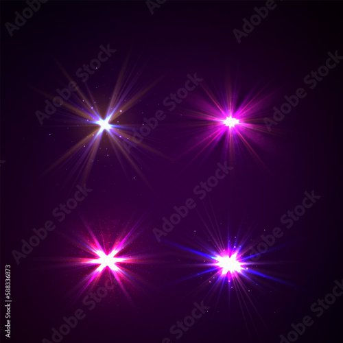 Blue and violet glowing effect. Purple glowing light. Lights sparkles isolated  lens flare  explosion  glitter  line  sun flash  spark and stars. Set of glowing stars. Vector illustration. 