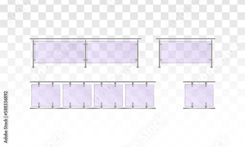 Glass railing on a white background. Section of glass fences with metal tubular railing and transparent sheets for home stairways, house balcony, sidewalk fencing. Vector illustration. EPS 10.