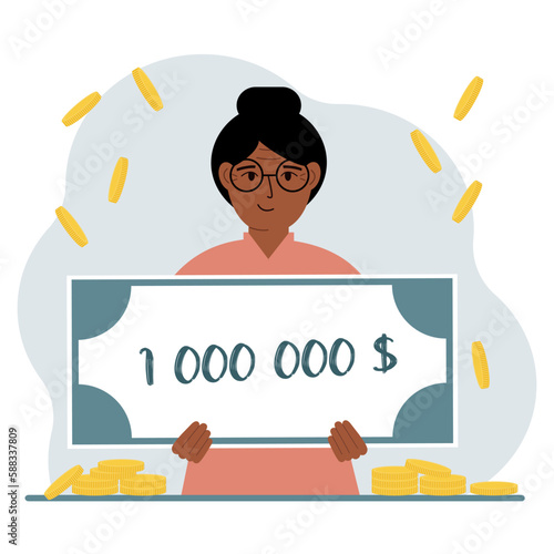 Jackpot, the concept of winning cash money. Happy smiling woman holding a certificate for one million dollars in his hands. Feeling excited, celebrating a win.