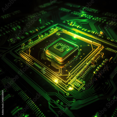 Illustration of a microcircuit, processor with backlight, macro photography generative ai