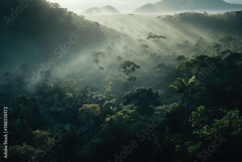Drone shot of a jungle valley in sunshine, generative AI