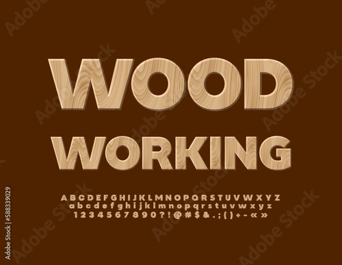 Vector modern Emblem Woodworking. Creative Font. Tree textured  Alphabet Letters and Numbers set