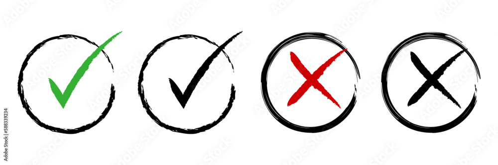 Obraz premium Tick mark and cross black signs. green and black checkmark ok, black and red x icons isolated on white background. vector graphics eps10