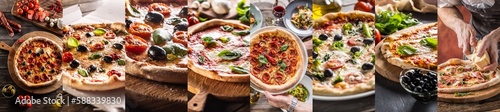Different types of Pizza in a mix of images for Italian traditional food concept