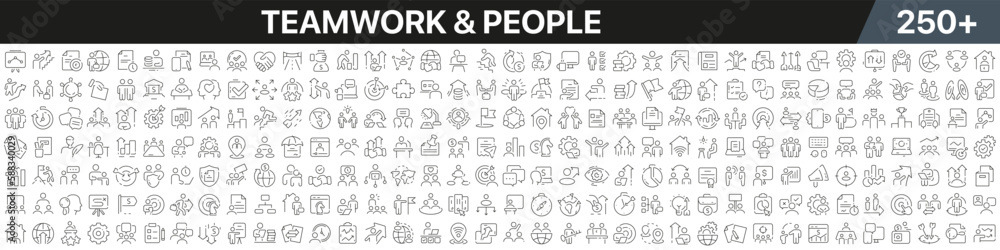 Teamwork and people linear icons collection. Big set of more 250 thin line icons in black. Teamwork and people black icons. Vector illustration Teamwork and people linear icons collection. Big set of more 250 thin line icons in black. Teamwork and people black icons. Vector illustration