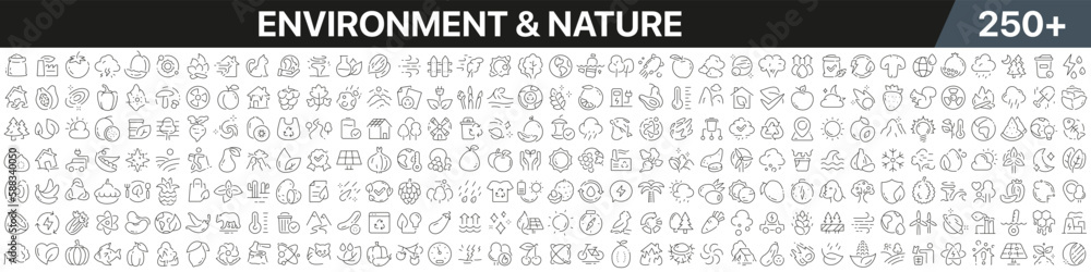 Environment and nature linear icons collection. Big set of more 250 thin line icons in black. Environment and nature black icons. Vector illustration