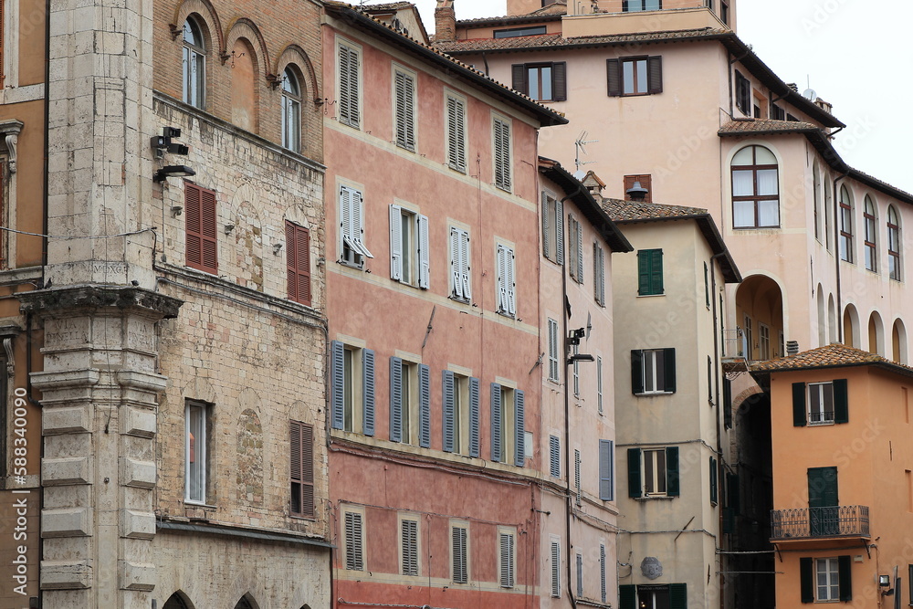 Perugia Street View with Traditional Building Facades in Umbria, Italy
