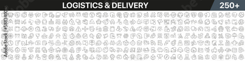 Logistics and delivery linear icons collection. Big set of more 250 thin line icons in black. Logistics and delivery black icons. Vector illustration