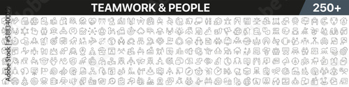 Teamwork and people linear icons collection. Big set of more 250 thin line icons in black. Teamwork and people black icons. Vector illustration