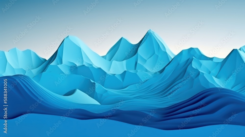 Abstract Blue Mountains Landscape Made of Wrinkled Paper generative ai