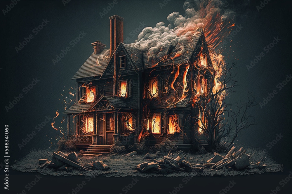 Obraz premium House on fire. Home conflagration or arson burning disaster with flames. Danger and destruction due to property blaze. Ai generated