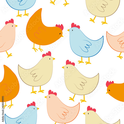 Vector seamless pattern with standing and walking chickens characters in cartoon style. Digital seamless design with farm poultry 