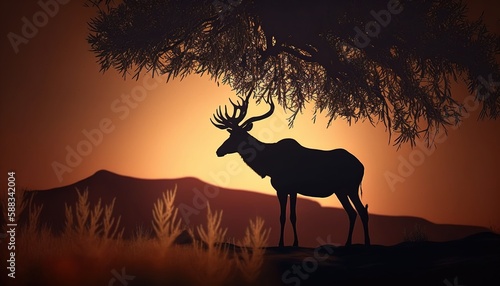 deer or elk silhouette at sunset. world of wildlife. generative ai