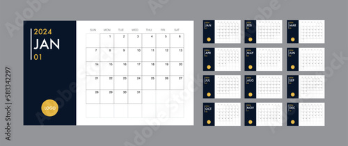Calendar template for 2024 year. Planner vector diary in a minimalist style. Corporate and business calendar template. Day planner for records throughout the year. Week start on Sunday © shopplaywood