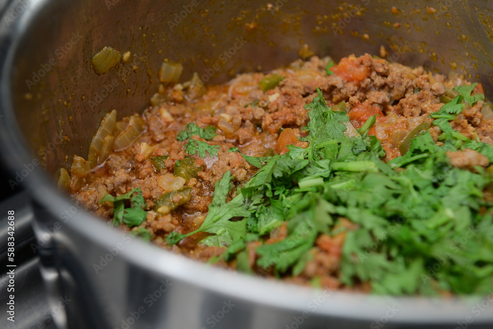 Ground meat in the pan with vegetables, green onion, onion, coriander and tomato, cooks day , chefs day Ground meat in the pan with vegetables, green onion, onion, coriander and tomato, cooks day , chefs day
