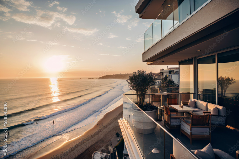 Fototapeta premium Gorgeous resort hotel by the sea, Generative AI