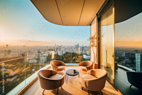 Balcony of a high-rise luxury tower apartment, Generative AI